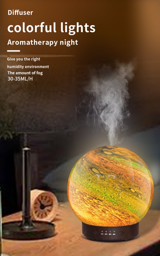Planeta 3D Diseño hermoso Siete colores luz difusor de aroma Decoración de bolas de vidrio Diffusor de aceite esencial para escritorio en casa 3